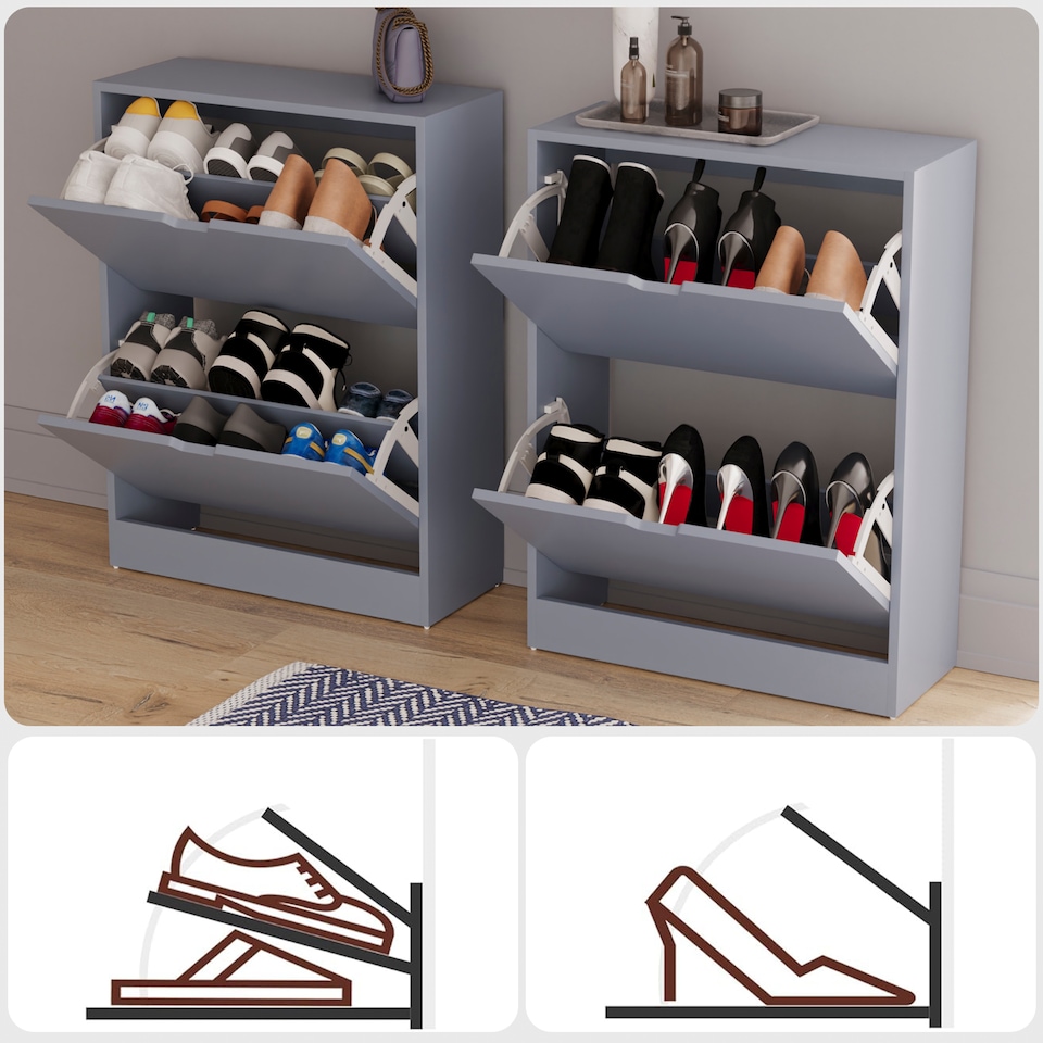 image 1 of Vida Designs 2 Drawer Shoe Cabinet Shoe Rack Storage Cupboard, Grey