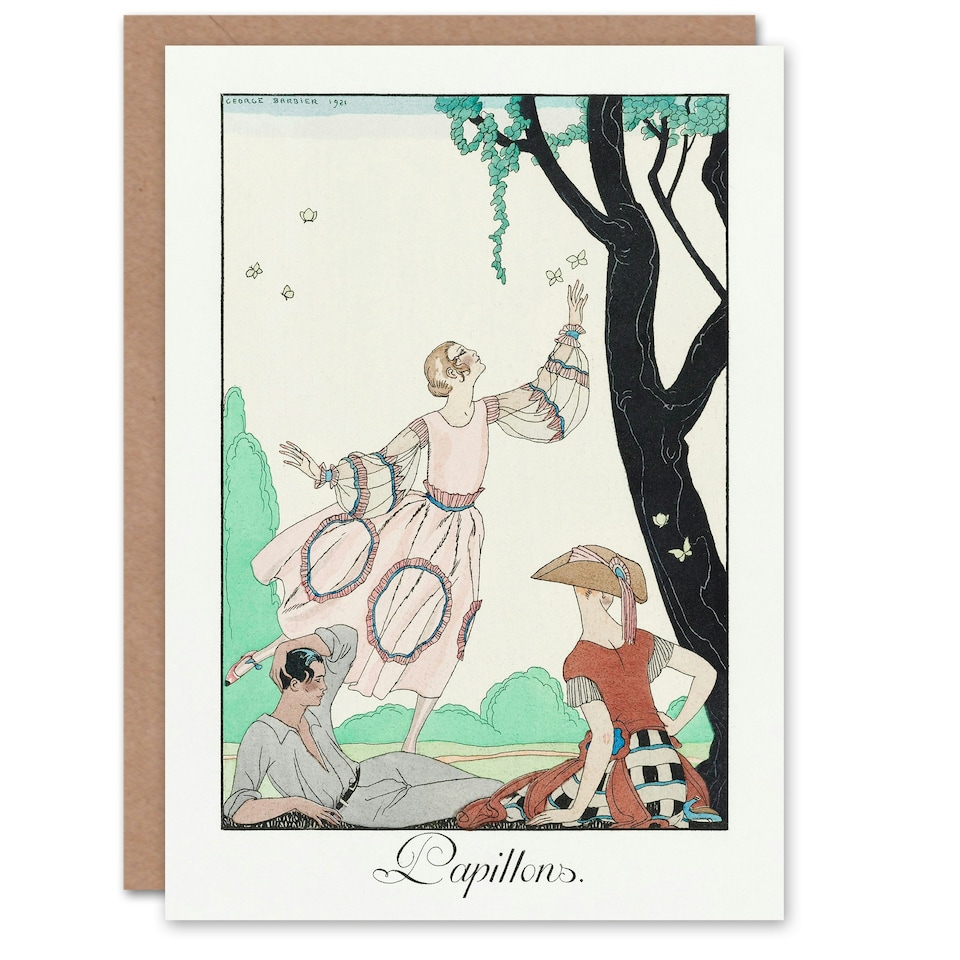 image 1 of George Barbier Art Card Butterflies Vintage Picnic Fashion