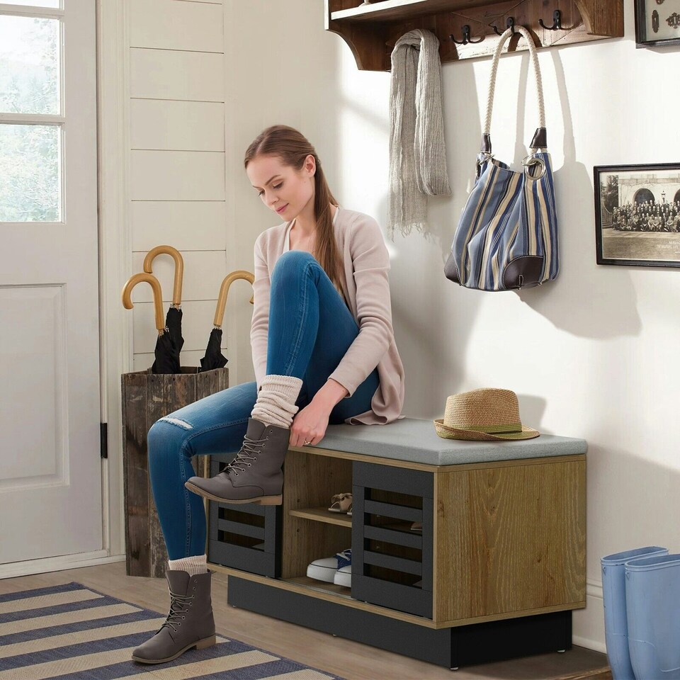 image 1 of COSTWAY Wooden Shoe Bench Shoe Storage Organizer Grey Grey
