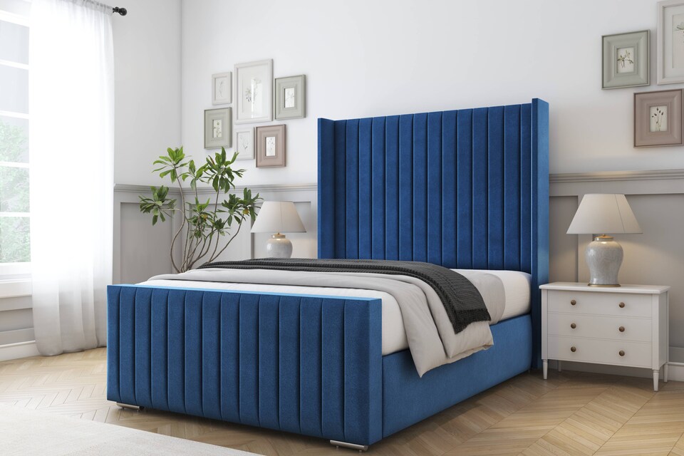 image 1 of Sloomy Marlborough Navy Plush Bed Frame With Mattress With 50"  Upholstered Wingback Headboard 6' Super King