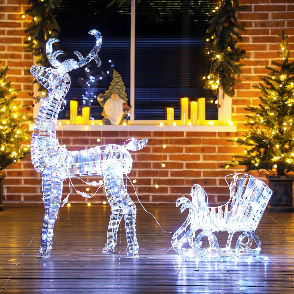 image 1 of Outsunny Lighted Christmas Reindeer with Sleigh, Outdoor Yard Reindeer with 170 Warm White LED Lights, Holiday Decor with Stakes, Waterproof, Silver