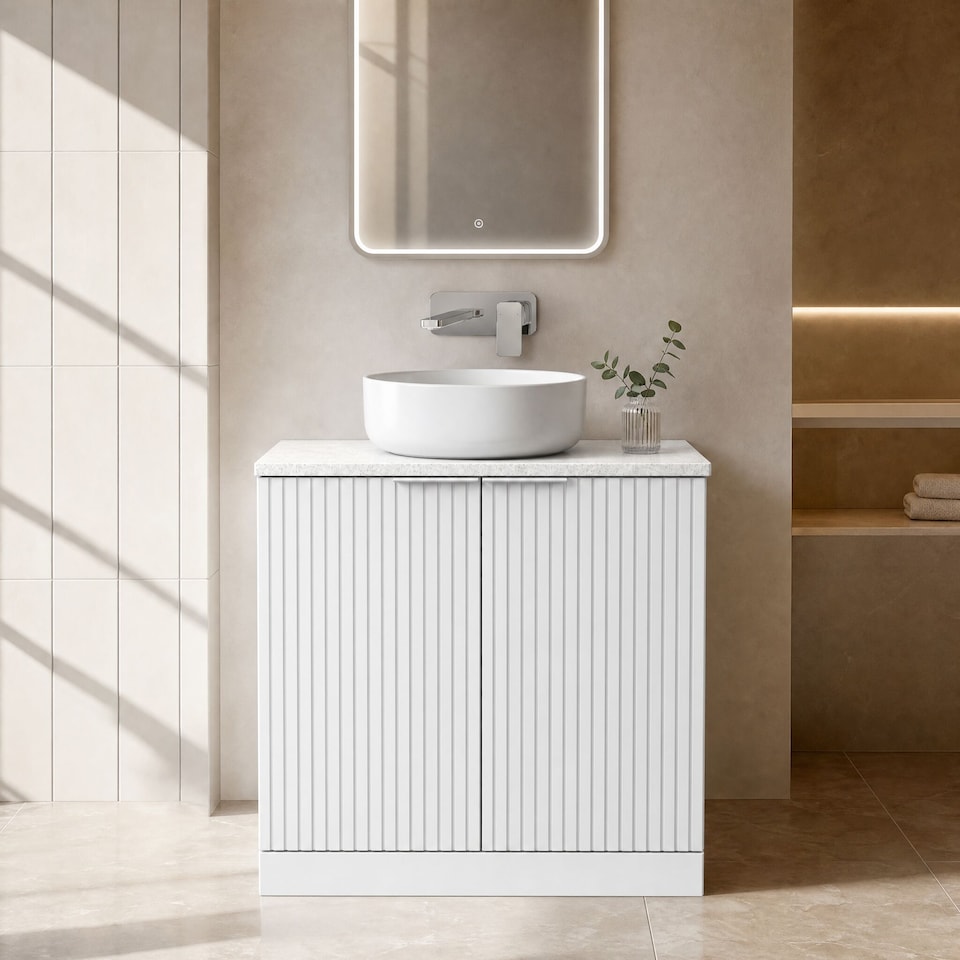 image 1 of Balterley Callingwood Contemporary Floor Standing 2 Door Vanity Unit with White Nebula Laminate Worktop , 800mm, Matt White