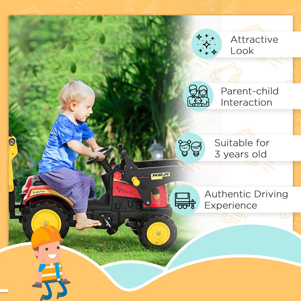 image 1 of HOMCOM Kids Children Pedal Go Kart Ride On Toy Car Excavator Tractor with Moving Bucket Steering Wheel Removable Digger For 3 - 6 Years