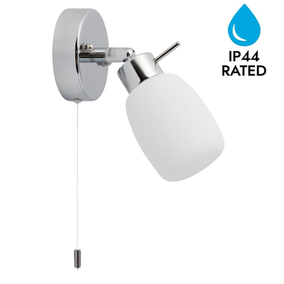 image 1 of Brom - Chrome Opal Glass IP44 Pull Cord Bathroom Wall Spotlight | Chrome | 1