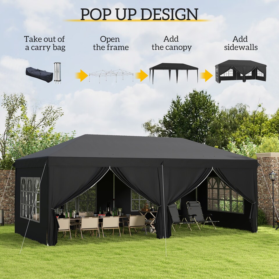 image 1 of Outsunny 3 x 6 m Garden Pop Up Gazebo, Wedding Party Tent Marquee, Water Resistant Awning Canopy with Sidewalls, Windows, Carry Bag, Black