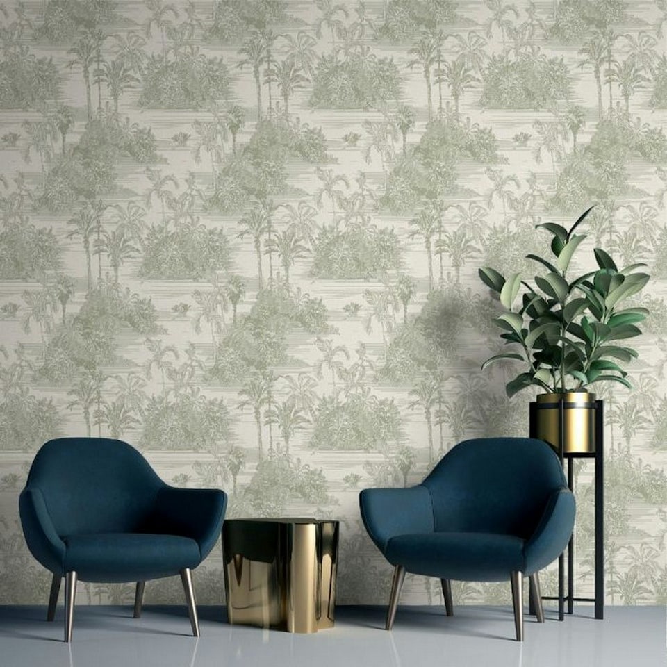 image 1 of Muriva Eden Collection Tropical Toile Wallpaper - Olive - 10m x 53cm