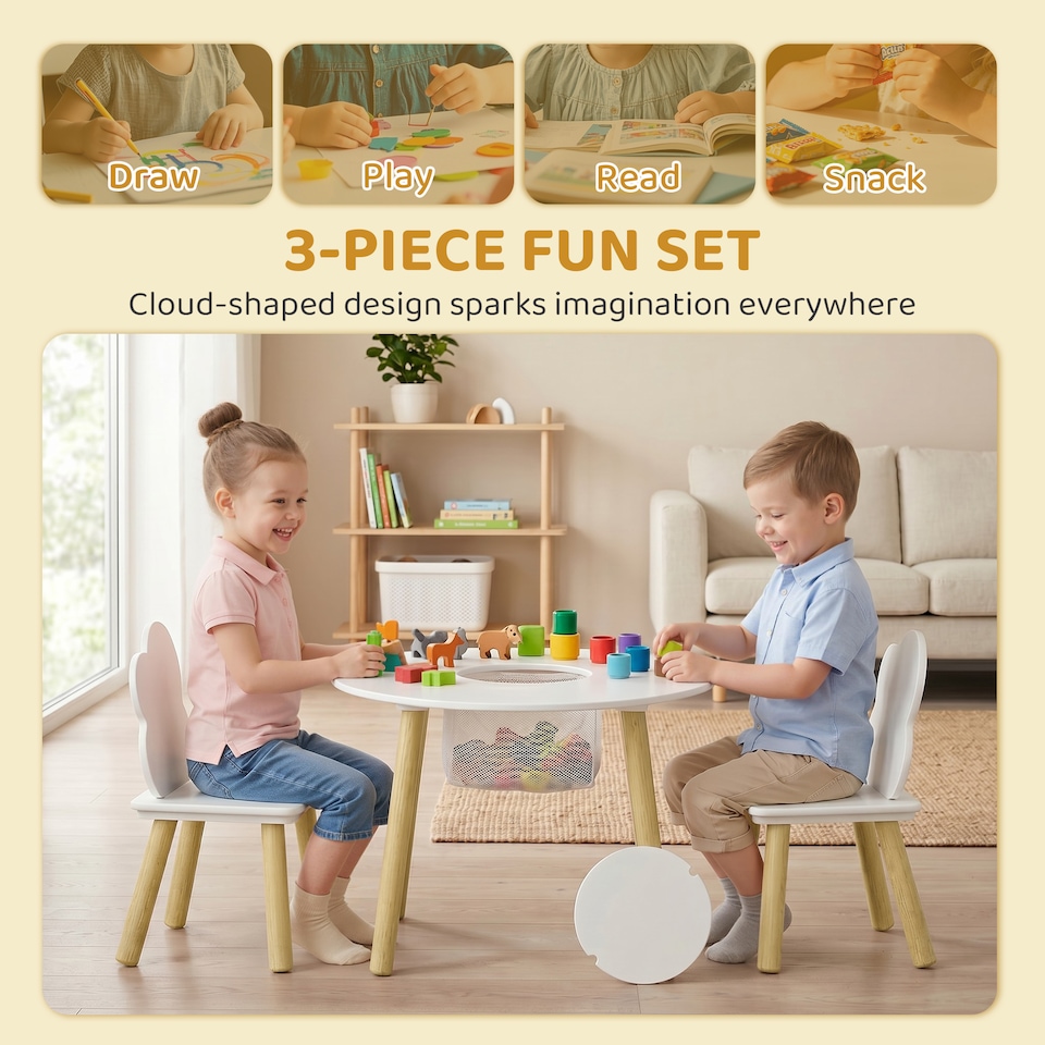 image 1 of AIYAPLAY Kids Table and Chairs Set with Storage Bag White