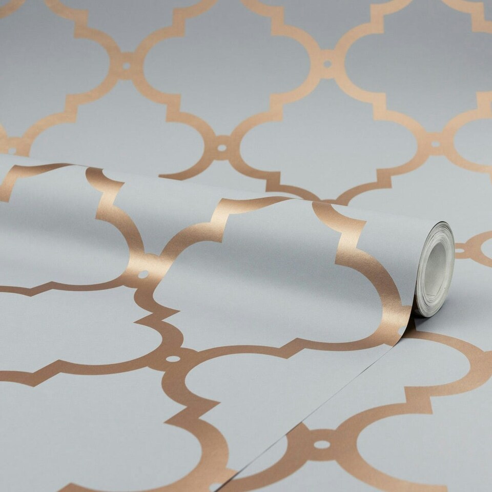 image 1 of Sample of Morocco Trellis Wallpaper in Grey and Copper Multi