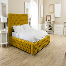 Enigma Plush Double Bed Frame - Mustard Gold