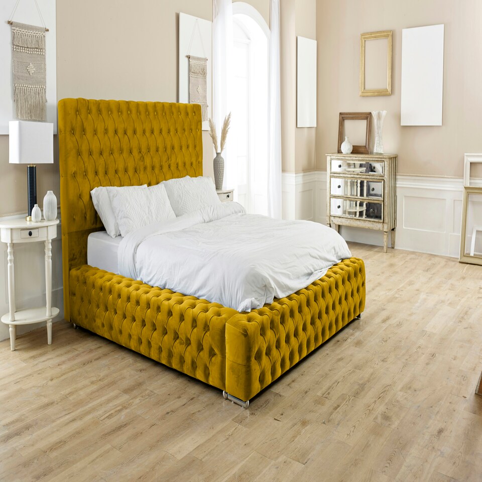 Enigma Plush Double Bed Frame - Mustard Gold