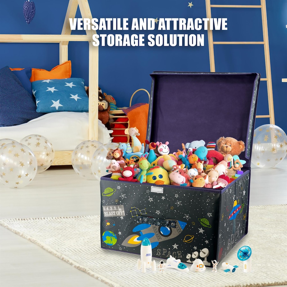 image 1 of The Magic Toy Shop Space Themed Kids Storage Box Large Black Foldable Organizer 50x30x40cm