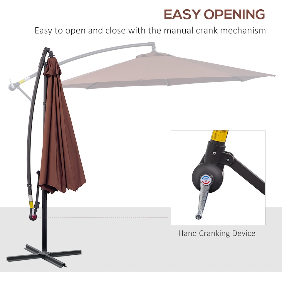 image 1 of Outsunny 3(m) Garden Banana Parasol Hanging Cantilever Umbrella with Crank Handle and Cross Base for Outdoor, Sun Shade, Coffee