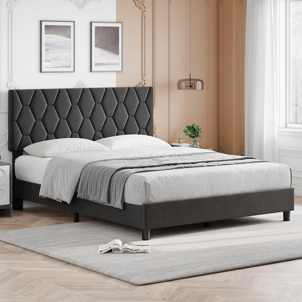 image 1 of London Boutique Upholstered Bed Frame with Adjustable Diamond Tufted Headboard, Wooden Slats Support, Grey/Double, 135 x 190 cm