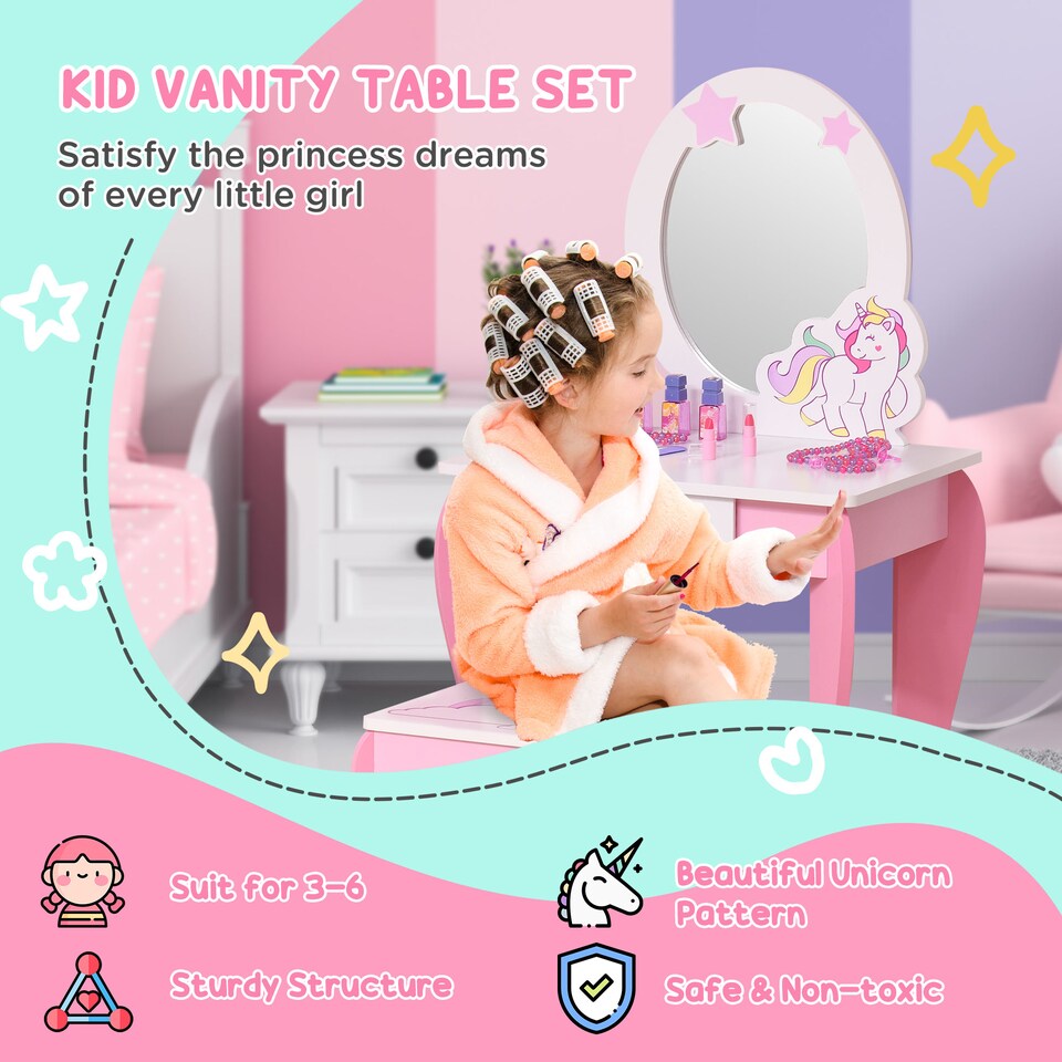 image 1 of HOMCOM Girls Dressing Table with Mirror, Stool, Pretend Play Toy | Pink | White