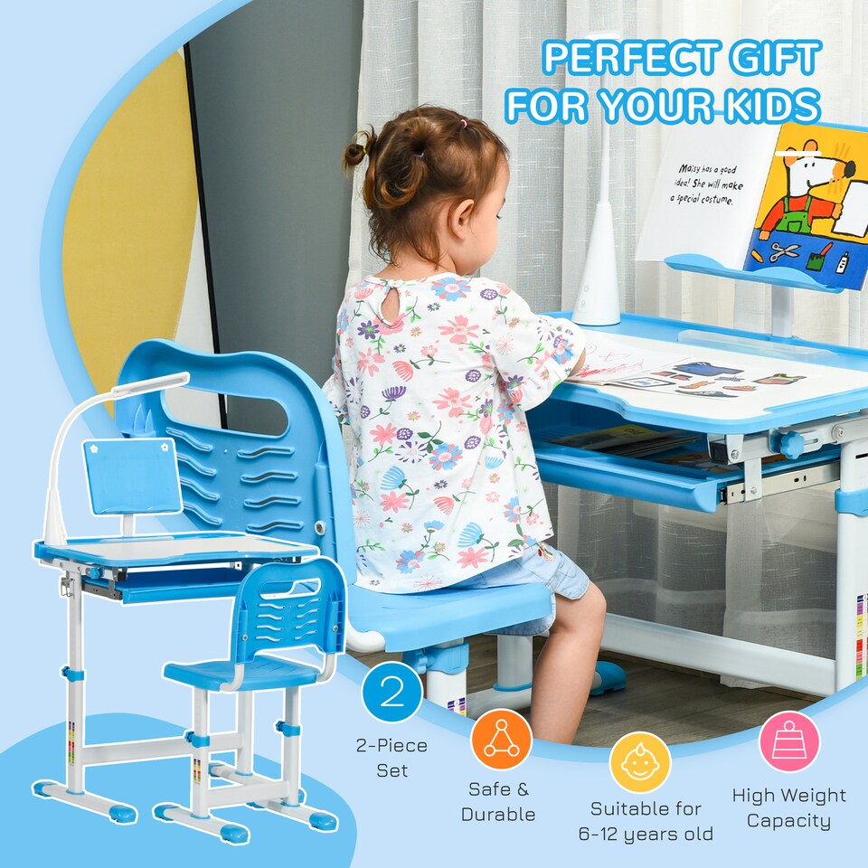 image 1 of HOMCOM Kids Study Desk and Chair Set w/ USB Lamp, Adjustable Height, Blue