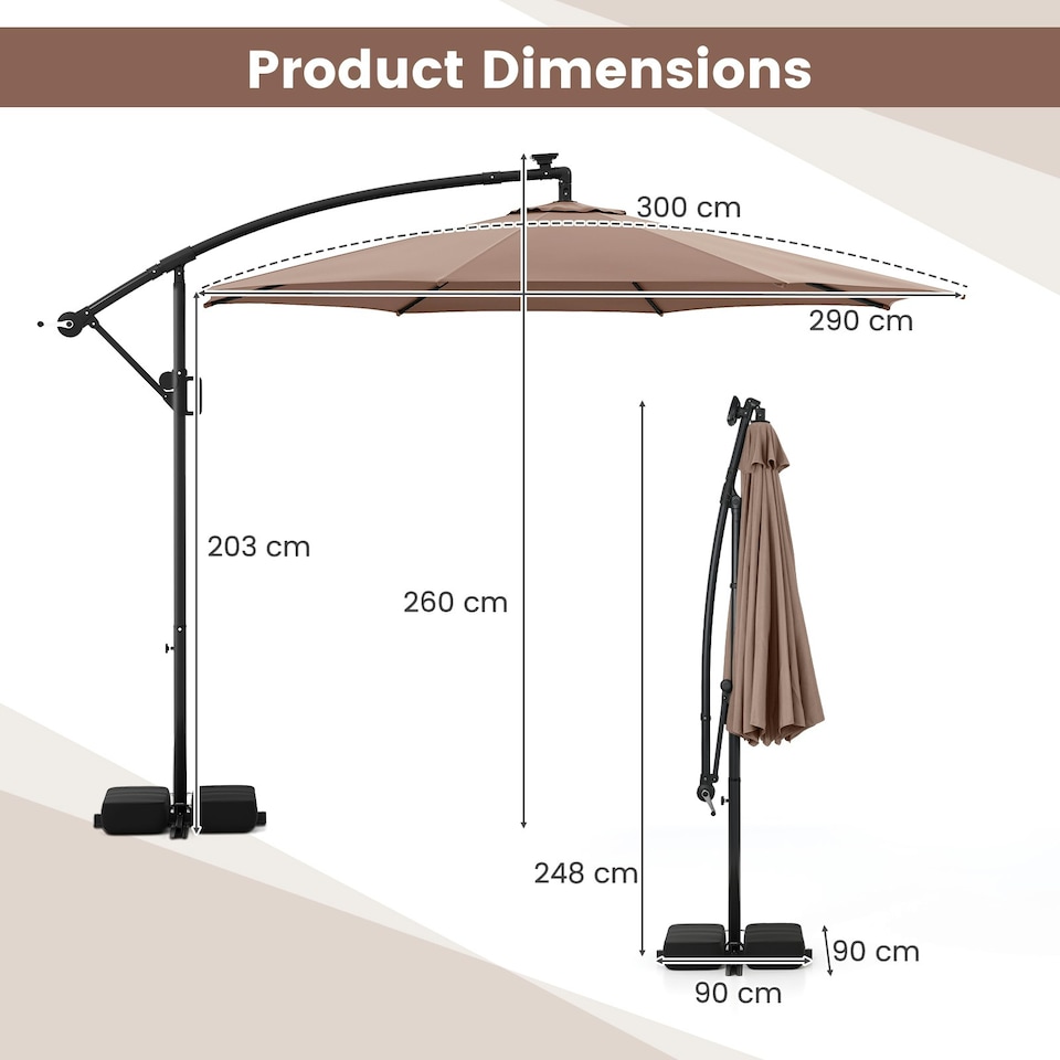 image 1 of COSTWAY 290 cm Solar Offset Hanging Sunshade Parasol Coffee Brown