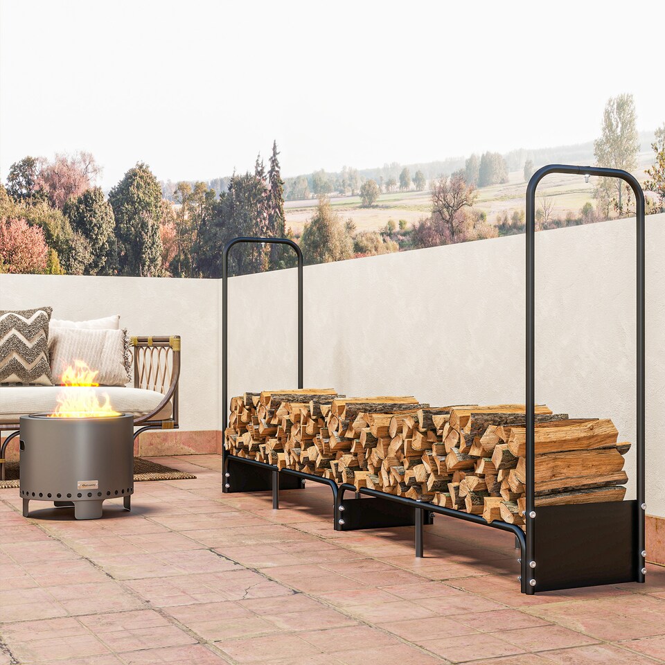 image 1 of Outsunny 8.5ft Firewood Rack, Heavy Duty Log Storage Holder with Waterproof 600D Oxford Log Cover for Fireplace Fire Pits Outdoor Patio Wood Storage, 300 kg Large Capacity, Black