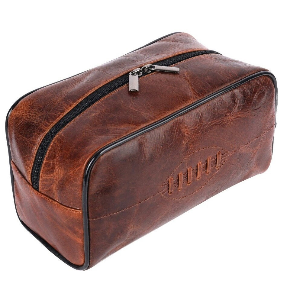 image 1 of SPORTGIFTZ Buffalo Leather Rugby Wash Bag Durable Toiletry Bag for Rugby Players and Fans Moisture-Resistant Lining, Secure Zip and Carry Handle 25cm x 14cm Brown