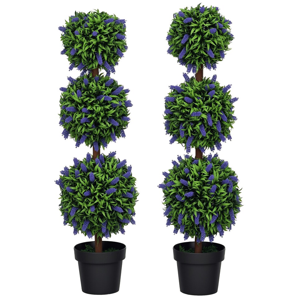 image 1 of HOMCOM Set of 2 Potted Artificial Plants Ball Tree with Lavender Flowers, 110cm