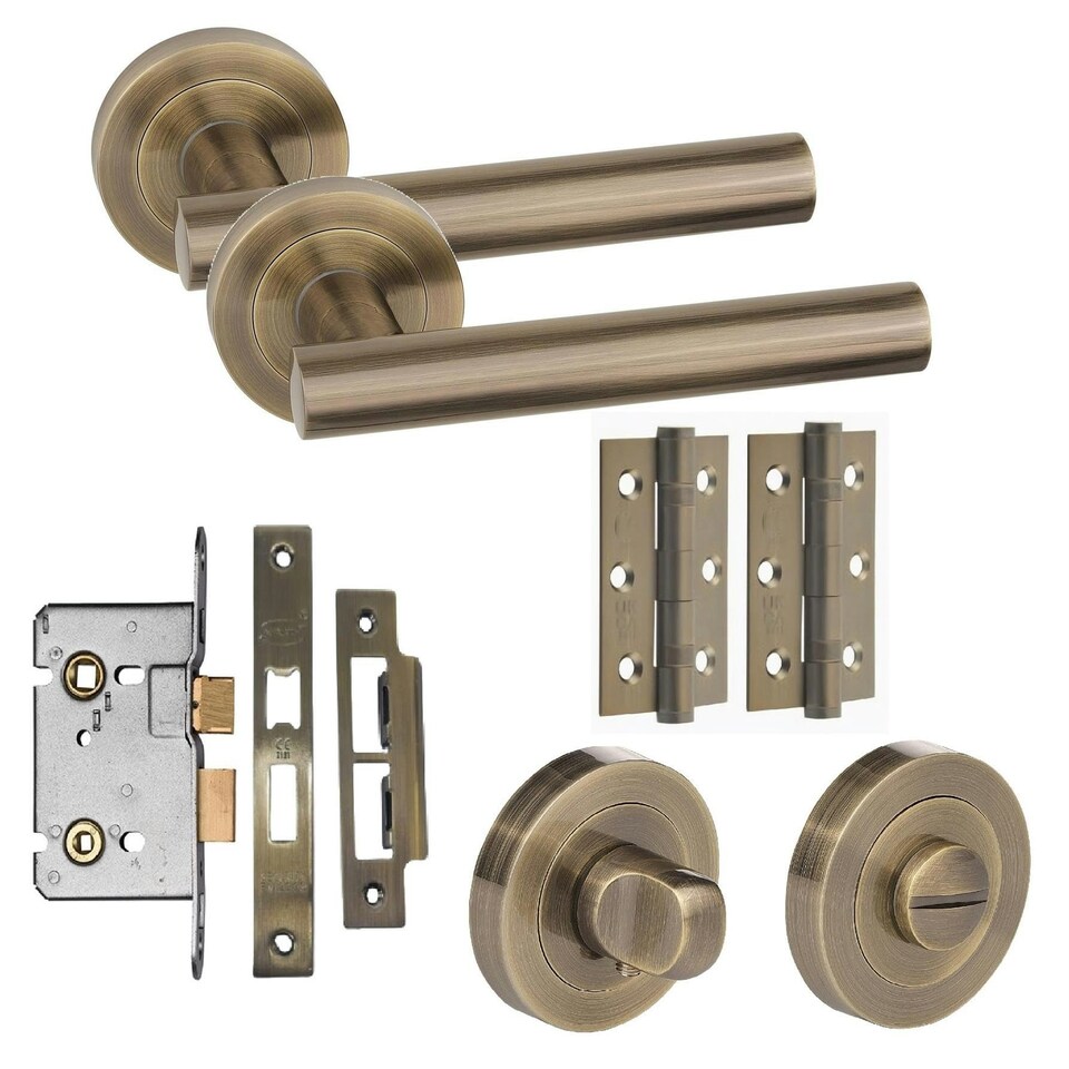 image 1 of Golden Grace Straight T-Bar Design Bathroom Door Handles Set in Antique Brass Finish with Thumbturn and Mortise Lock Gold