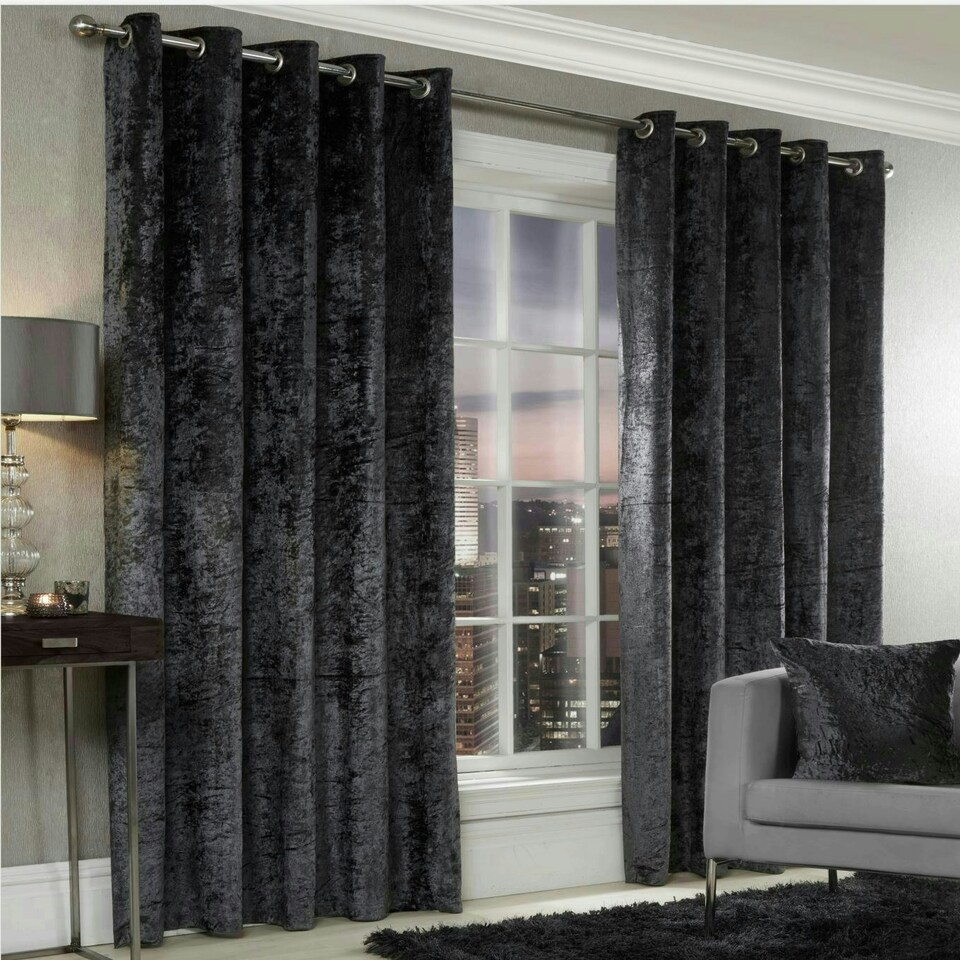 image 1 of Crushed Velvet Eyelet Curtains - Cream - 167 cm x 137 cm