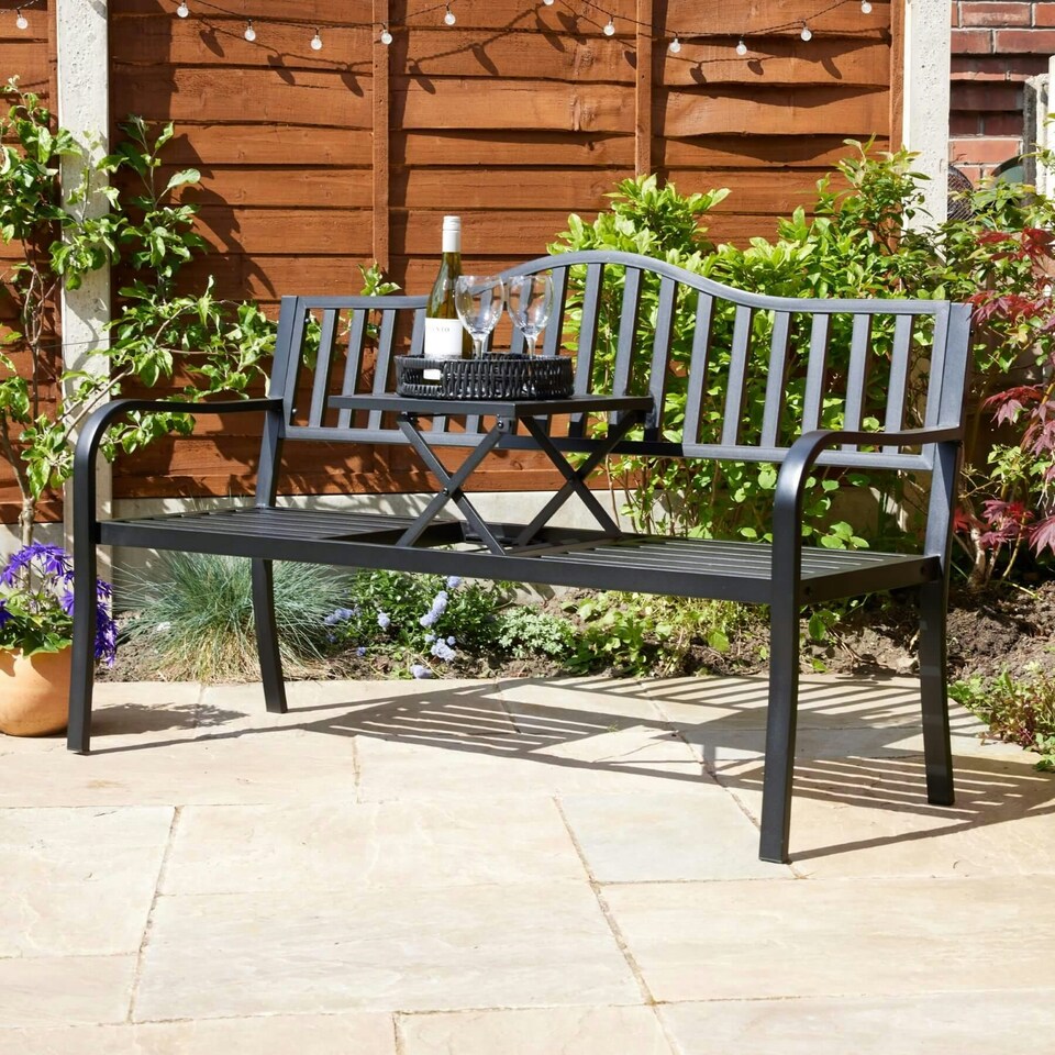 image 1 of Garden Bench Loveseat Centre Drinks Table Armrest Outdoor Patio Furniture Black