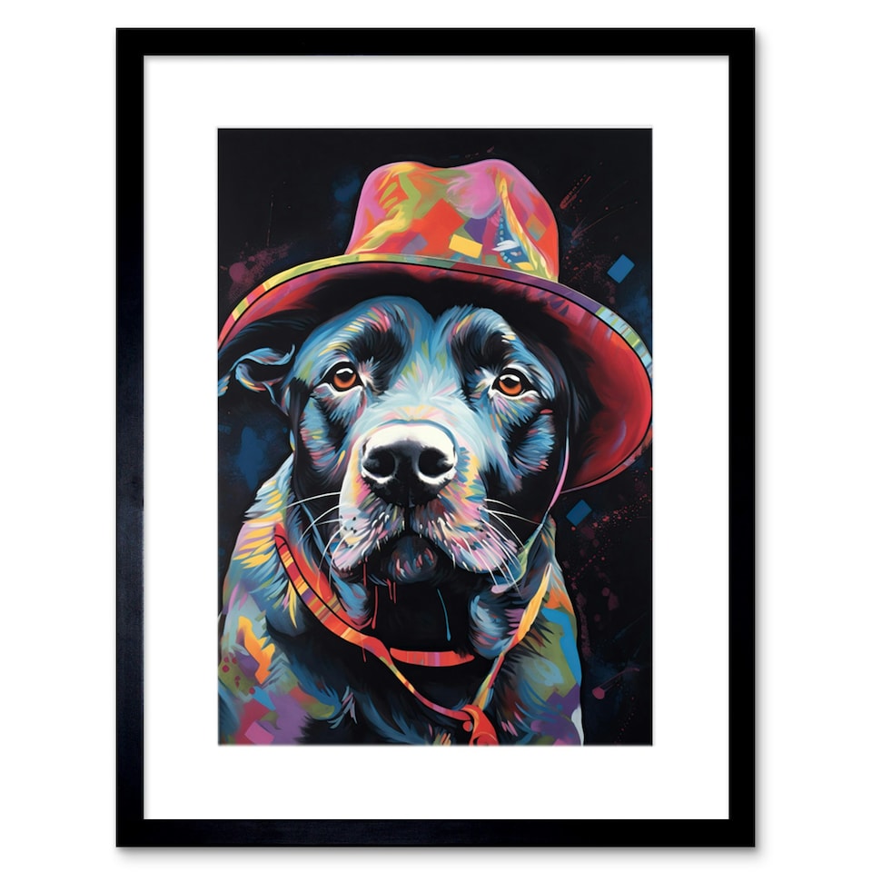 image 1 of Pit Bull Terrier Dog Red Cowboy Hat Portrait 9x7" Black Framed Wall Art Print