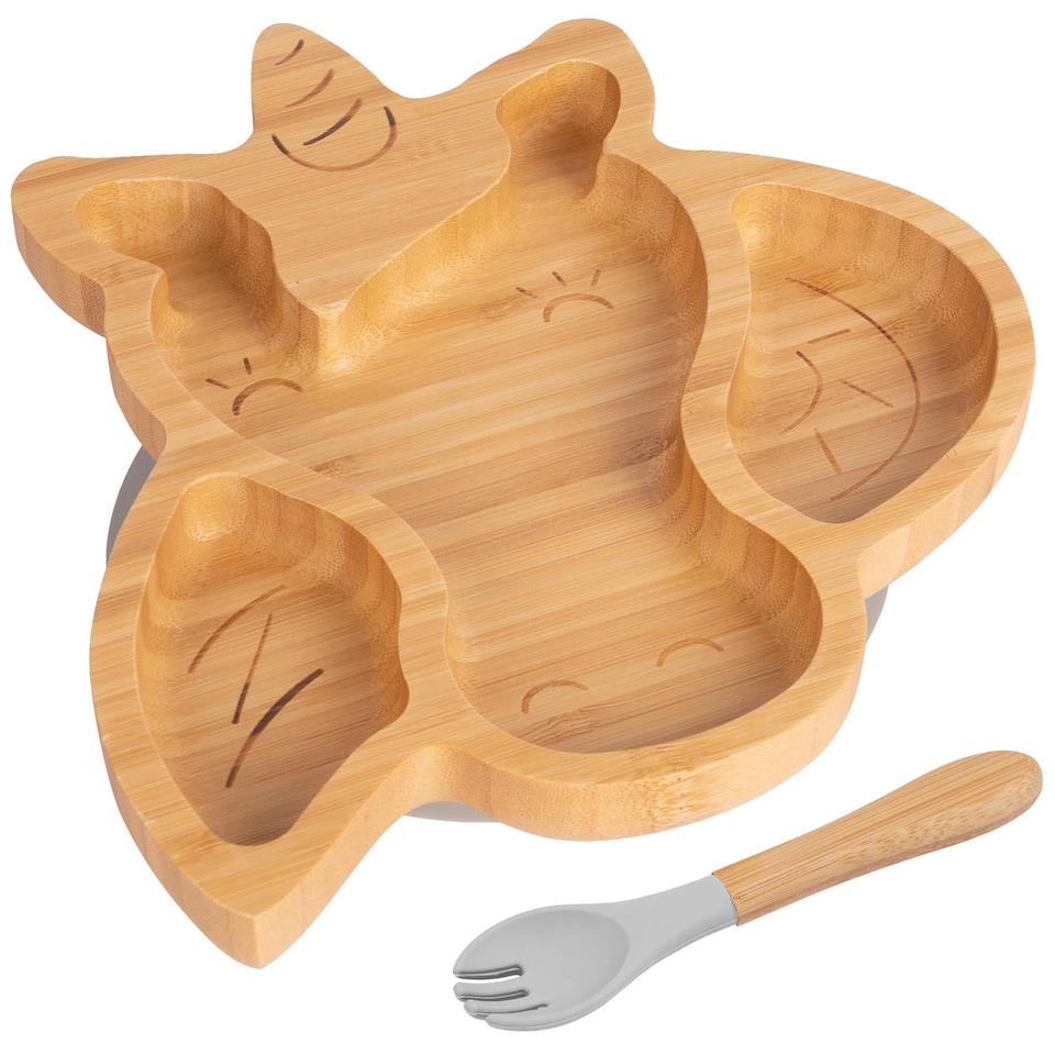 image 1 of Tiny Dining Bamboo Unicorn Baby Weaning Plate & Fork Set - Grey