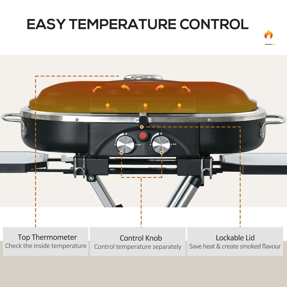 image 1 of Outsunny Foldable 2 Burner Gas BBQ Grill Trolley w/ Side Shelves Storage Pocket