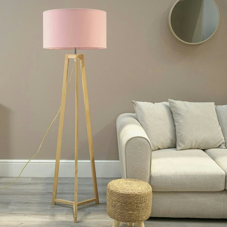 image 1 of ValueLights Lottie Natural Wood Tripod Floor Lamp with Blush Pink Fabric Drum Shade