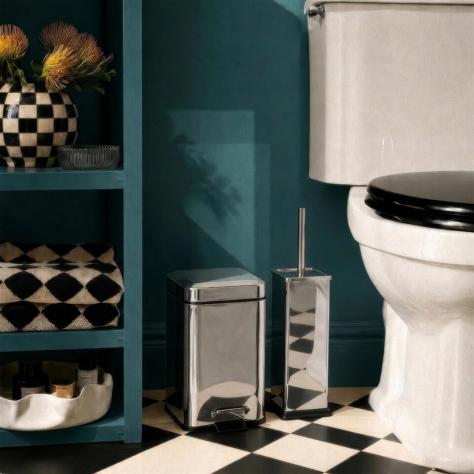 image 1 of Harbour Housewares Chrome Toilet Brush and Holder - Square Brush with Non Slip Base Rust Resistant Toilet Cleaning Brush Set