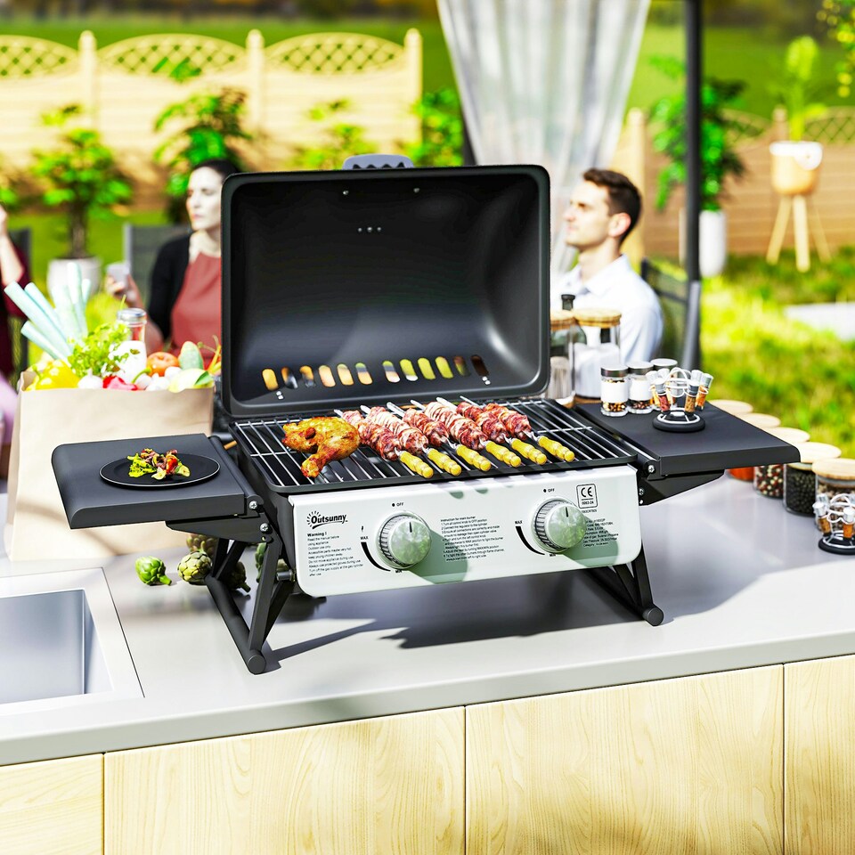 image 1 of Outsunny Portable Tabletop Gas Barbecue Grill with Thermometer, Black