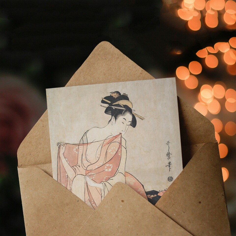 image 1 of Utamaro Kitagawa Art Card Woman And Cat Vintage Japanese