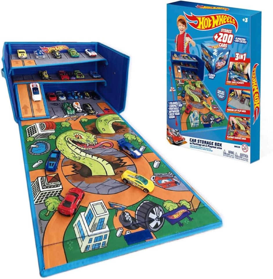 image 1 of Hot Wheels Cars Case Garage Box Playmat - 3-IN-1 Collapsible Car Toys Storage Box with Speed Roads I Toy Car Storage (Cars Not Included) | Blue