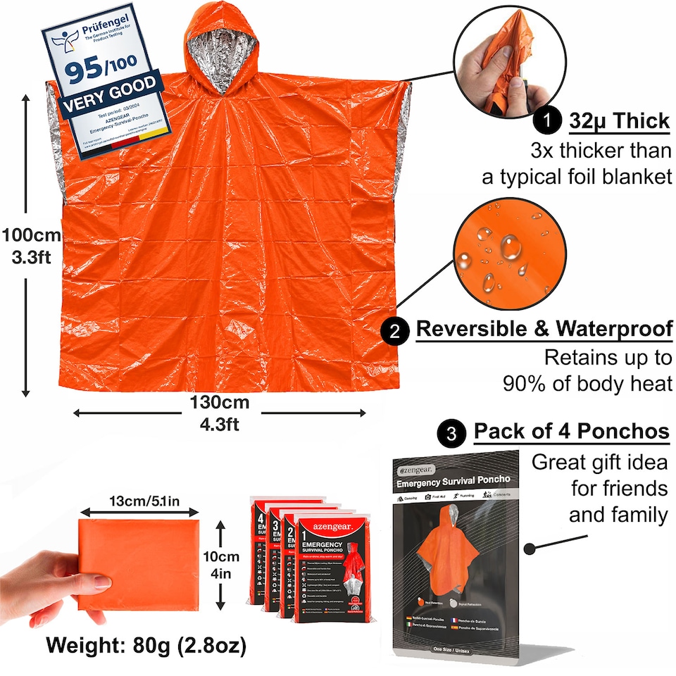 image 1 of aZengear Emergency Survival Poncho (4pc) Thermal Mylar Foil Coating Blanket for Heat Retention, Rain, Waterproof Outdoor Kit
