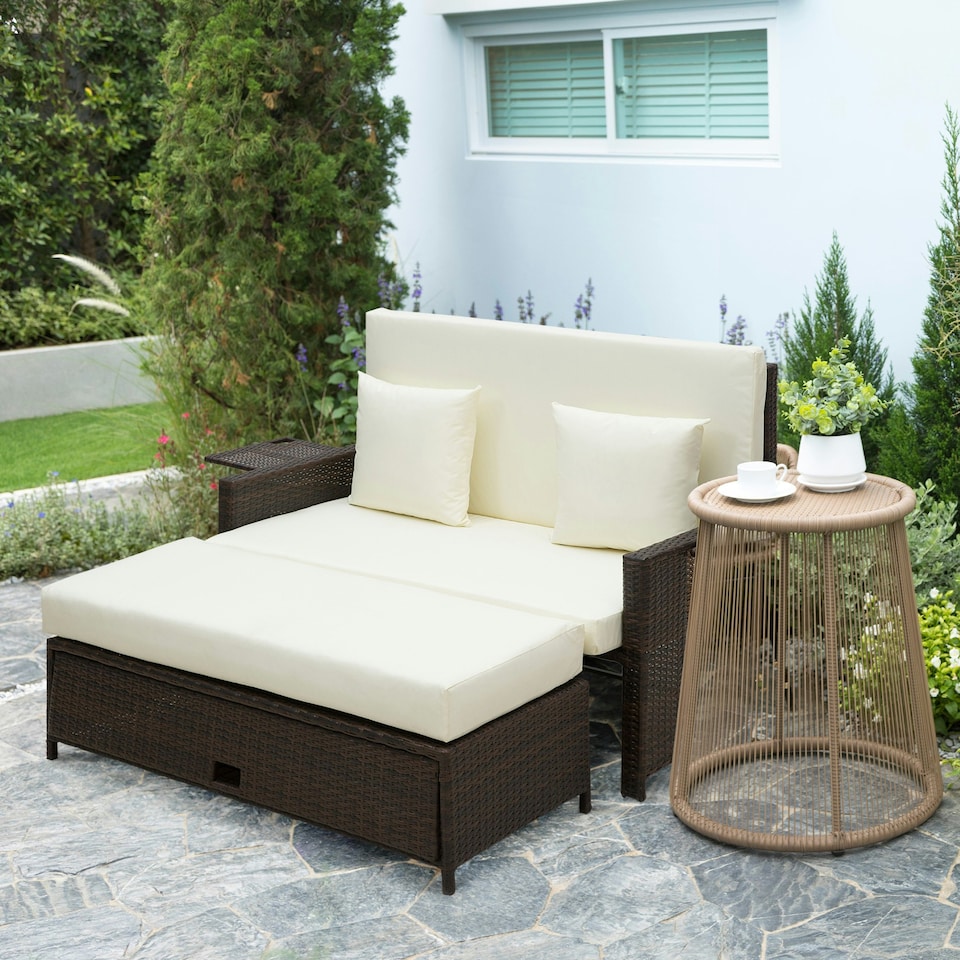 image 1 of Outsunny Garden Rattan Furniture Set 2 Seater Patio Sun Lounger Daybed Sun Bed