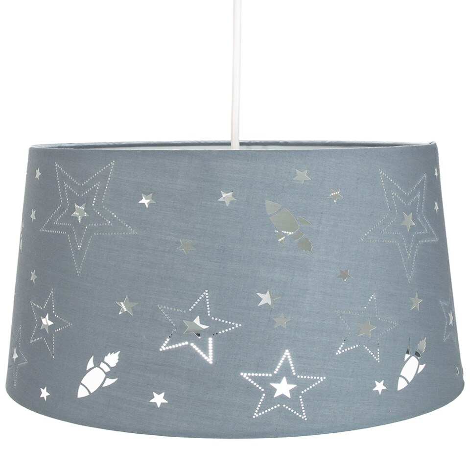 image 1 of Fun Rockets and Stars Childrens-Kids Grey Cotton Bedroom Pendant or Lamp Shade | Grey