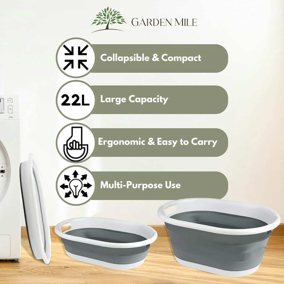 image 1 of Marco Paul Grey Plastic Collapsible Laundry Basket Large 22l Portable Storage Grey