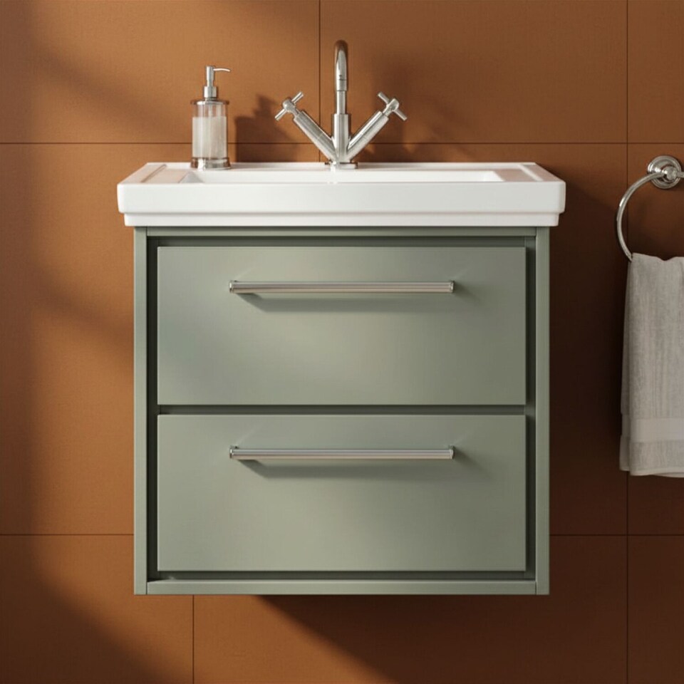 image 1 of Balterley Modern Bathroom Wall Hung 2-Drawer Vanity Unit with Fireclay Basin - "Vanity Basin Units", 1 Tap Hole | Green | Reed Green