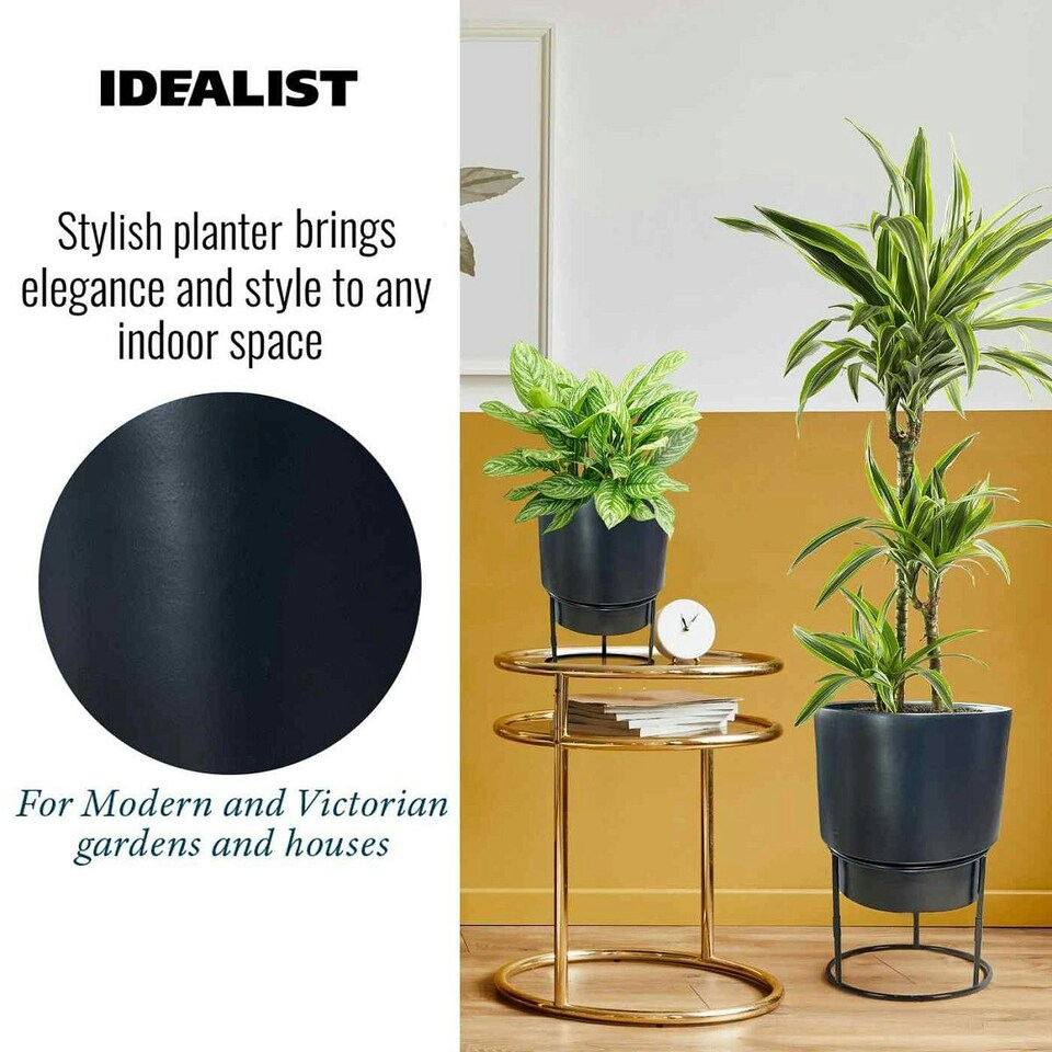 image 1 of IDEALIST Lite Smooth Style Black Round Indoor Planter on Metal Stand D24 H35 cm, 5.1 ltrs Cap.