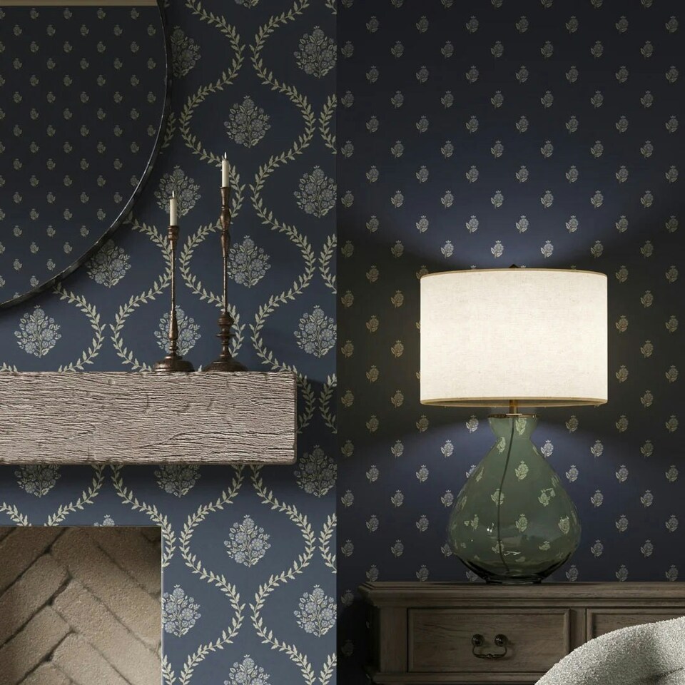 image 1 of Posy Trellis Wallpaper in Cream on Navy Multi