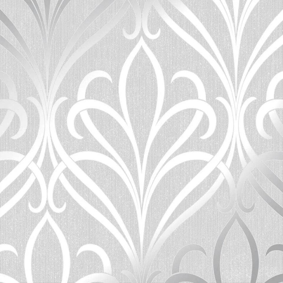 Sample of Camden Damask Wallpaper in Soft Grey and Silver Multi