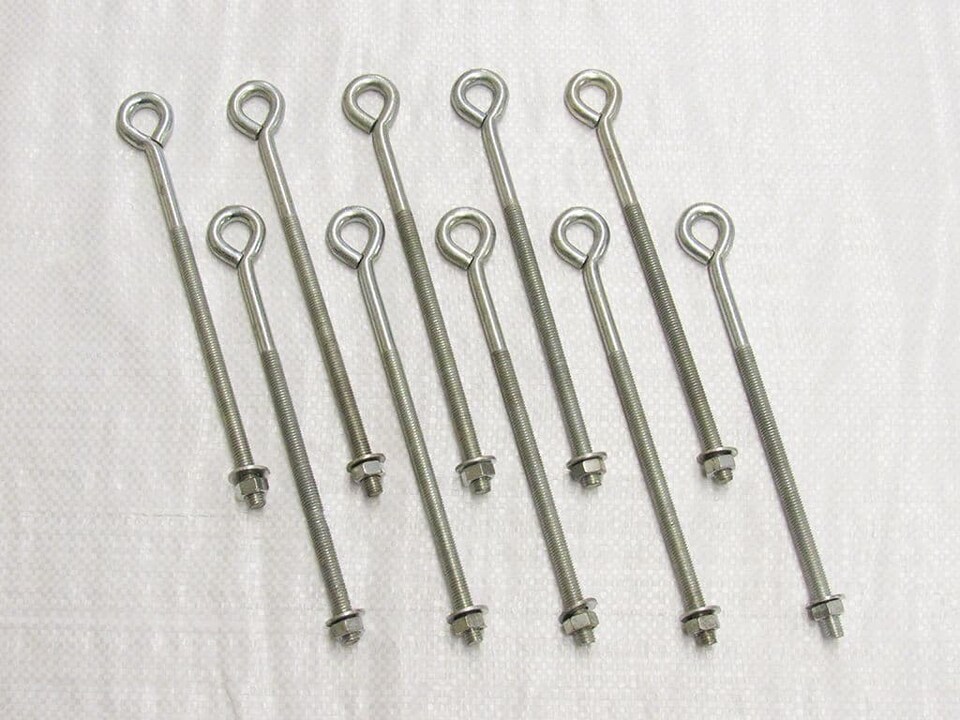 x10 M6 X 300MM Zinc Plated Folded Straining Eyebolts Nut & Washer - Wire Support Fencing Straining