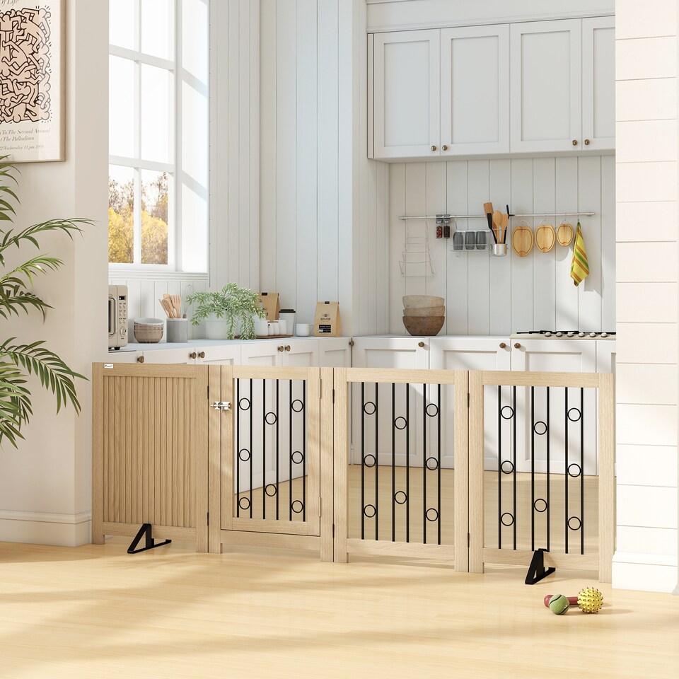 image 1 of PawHut Freestanding Pet Gate, Foldable Dog Gate with Lockable Door, Support Feet and 360 degree Flexible Hinges, 4 Panel Indoor Safety Dog Barrier for House, Stairs, Doorway, Oak