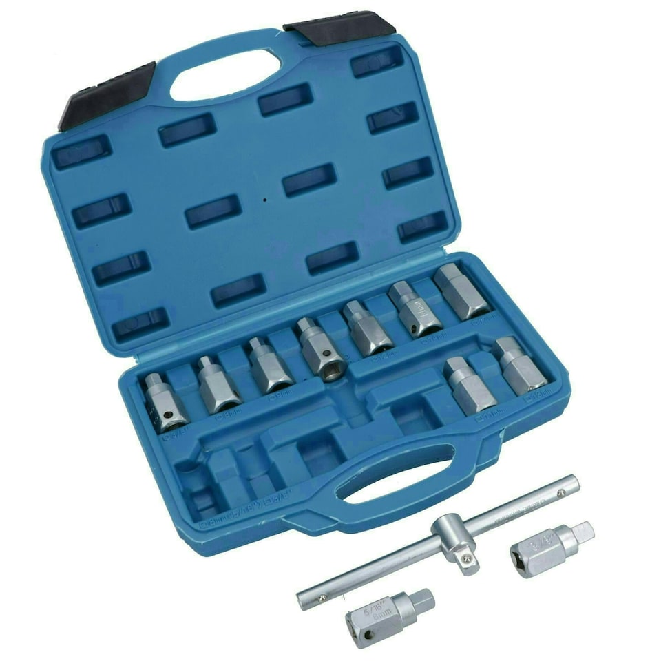 image 1 of 12pc Oil Drain Plug Key Set For Gear Boxes Back Axles Gearbox Hex + Square Bits