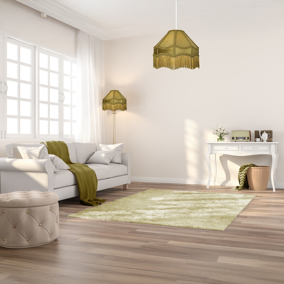 image 1 of Traditional Victorian Empire Lamp Shade in Olive Green Velvet with Long Tassels | Green | 12"