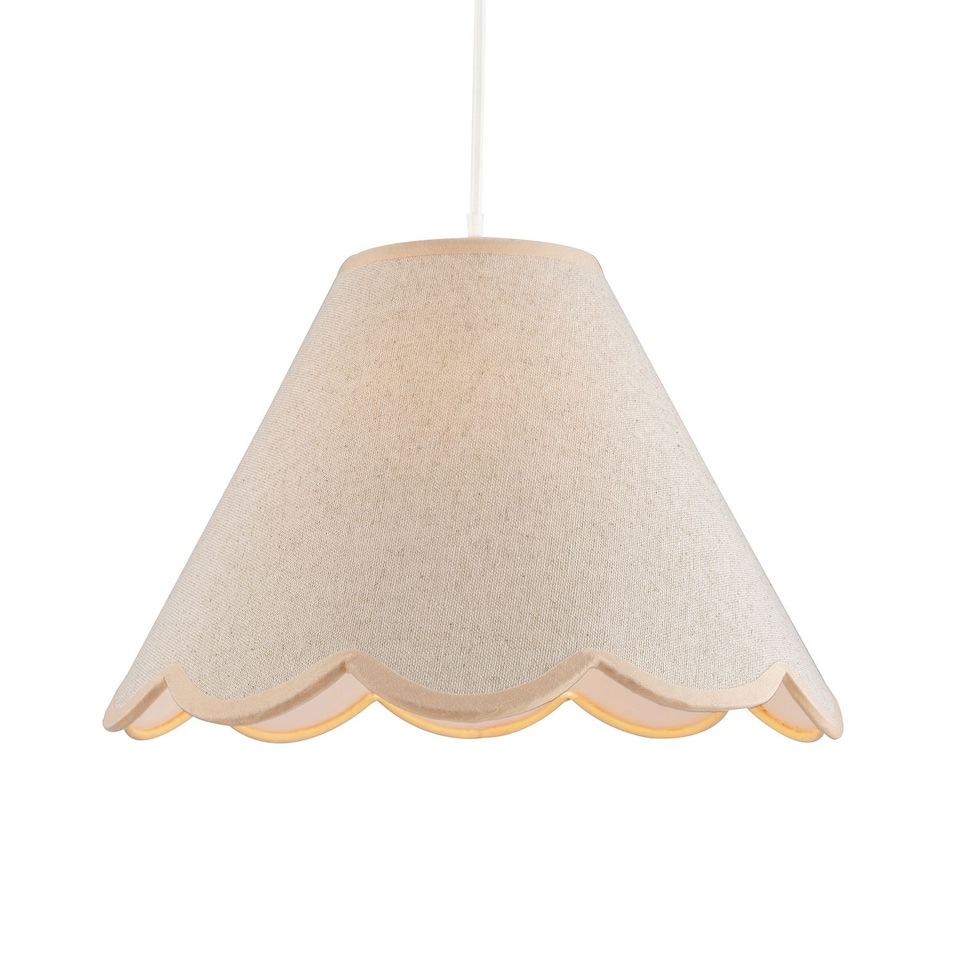 image 1 of Scallop Edge Natural Textured Linen Coolie Lamp Shade with Pink Trims | Pink | Pink | 1