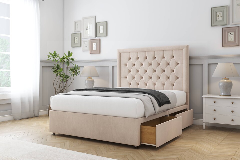 image 1 of Sloomy Montana Sand Naples Divan Bed Base 2 Drawers Same Side With 54 Inch Floor Standing Headboard | Cream | Sand | Double | 1