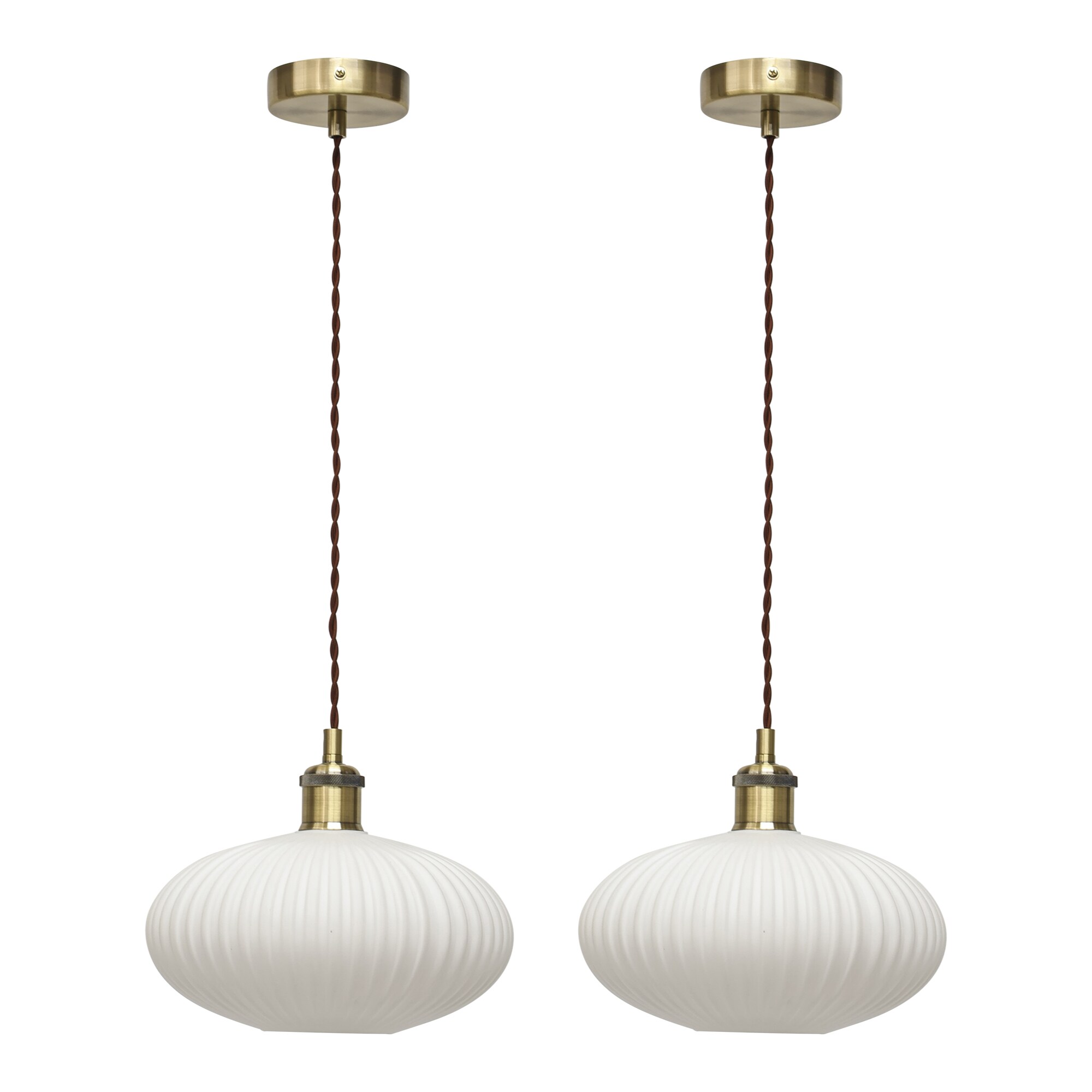 Set of 2 Baton - White Ribbed Oval Glass Antique Brass Retro Pendants