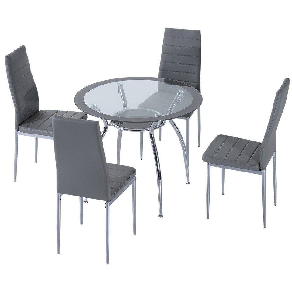 image 1 of HOMCOM Dining Table and Chairs Set for 4, 5 Piece Round Kitchen Table and Chairs with Glass Top, Shelf and High Back, Space-Saving Table and Upholstered Chairs for Small Spaces, Grey